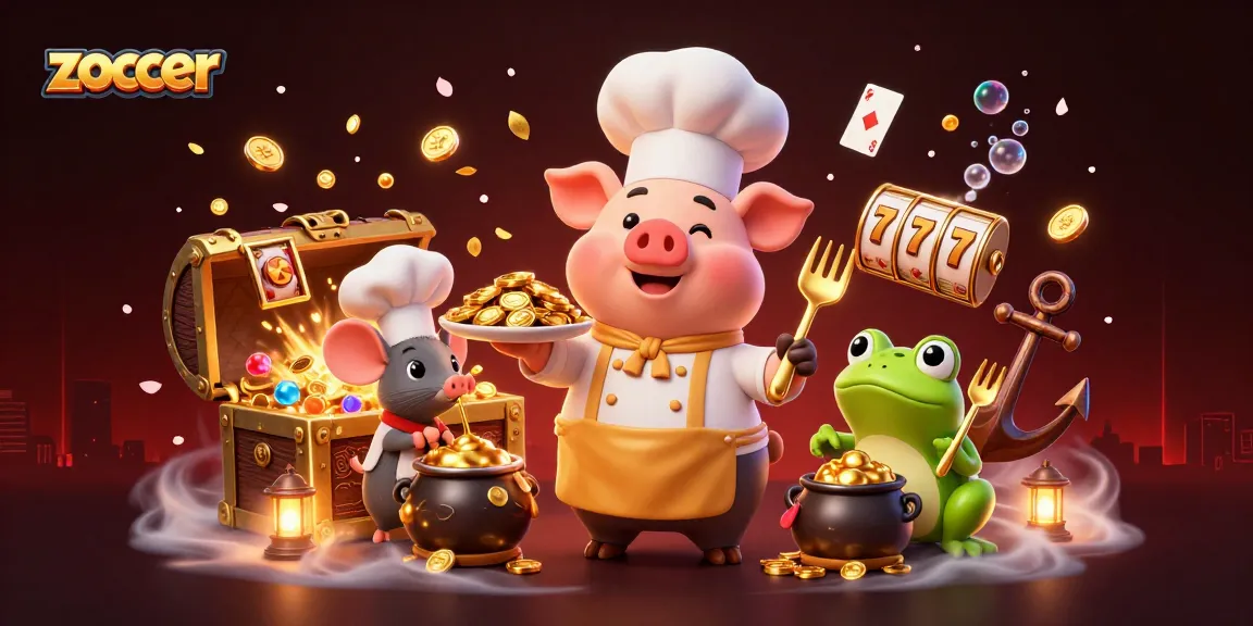 Zoccer casino scene with a chef pig serving coins, jackpot elements and vibrant characters.
