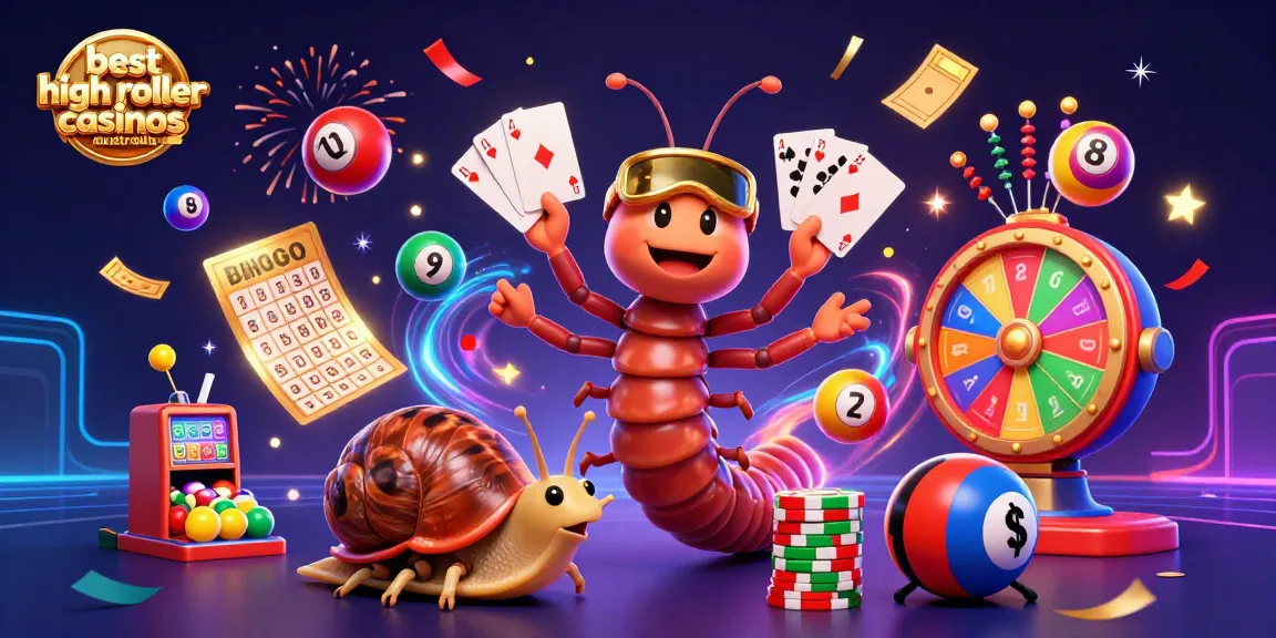 Engaging scene showcasing the best high roller casinos Australia with a millipede dealer, snail high-roller, and vibrant casino elements.