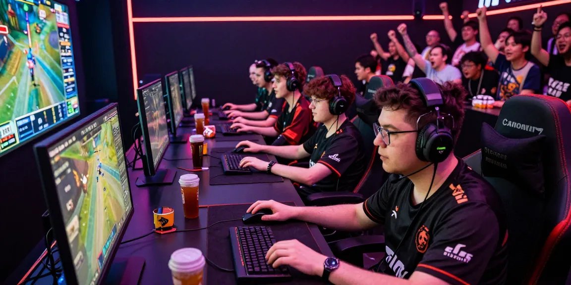 FAFA828 tournament with players in esports arena, vibrant atmosphere.