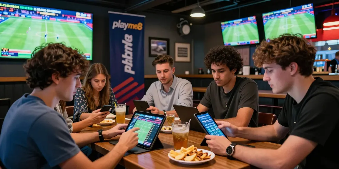 การเดิมพันกีฬาใน playme8 sportsbook ที่เต็มไปด้วยความตื่นเต้น พร้อมผู้คนมีความสุขในบรรยากาศของบาร์กีฬา